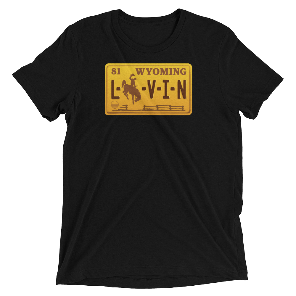 Wyoming LIVIN Solid Black Retro License Plate Short sleeve t-shirt - State Of Livin