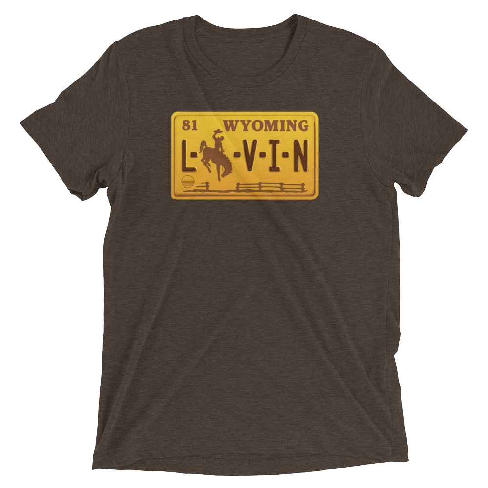 Wyoming LIVIN Brown Retro License Plate Short sleeve t-shirt - State Of Livin