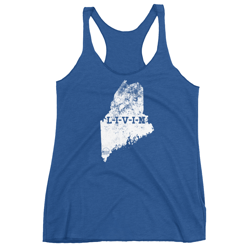Maine LIVIN Royal and White Women's Racerback Tank - State Of Livin